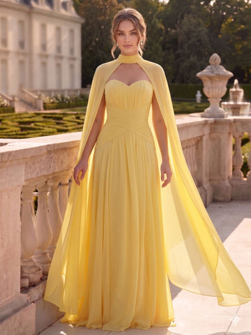A-Line/Princes Evening Dresses Chiffon Strapless Sleeveless Yellow Summer Dress With Flowy Scarf