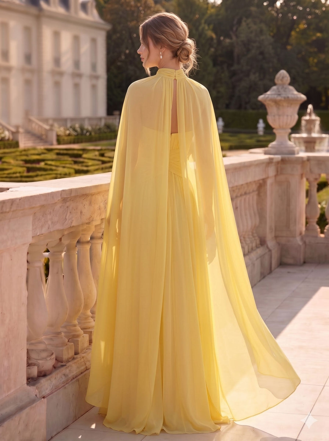 A-Line/Princes Evening Dresses Chiffon Strapless Sleeveless Yellow Summer Dress With Flowy Scarf