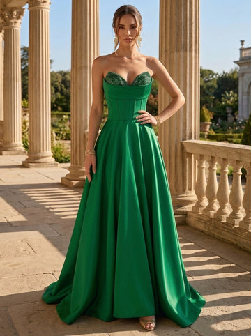 A-Line Formal Evening Dresses Satin Floor-Length Strapless Elegant Formal Green With Sequin Beads Evening Gown