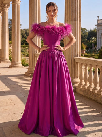 A-Line Evening Dresses Satin Floor-Length Elegant Formal Fuchsia Off The Shoulder With Feathers