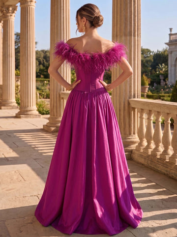 A-Line Evening Dresses Satin Floor-Length Elegant Formal Fuchsia Off The Shoulder With Feathers