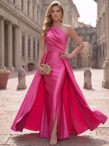 A-Line Evening Dresses One Shoulder Hot Pink Sleeveless Satin Floor-Length Elegant Formal Dress With Overskirt