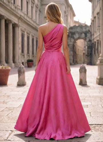 A-Line Evening Dresses One Shoulder Hot Pink Sleeveless Satin Floor-Length Elegant Formal Dress With Overskirt