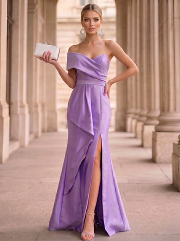 A-Line Evening Dresses Elegant Sleeveless Satin Floor-Length Elegant Purple Formal Dress With High Slit