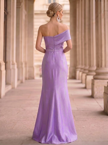 A-Line Evening Dresses Elegant Sleeveless Satin Floor-Length Elegant Purple Formal Dress With High Slit