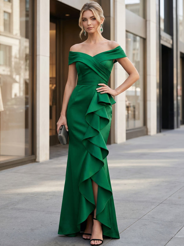 Sheath/Column Cap Shoulder Sleeveless Ruffles Satin Floor-Length Evening Dresses