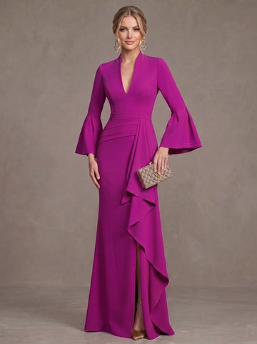 Trumpet/Mermaid V-Neck Long Sleeves Ruffles Elastic Satin Floor-Length Evening Dresses