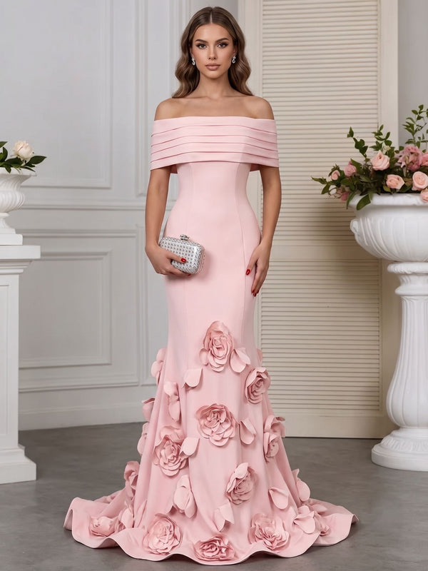 Trumpet/Mermaid Off-the-Shoulder Sleeveless Flower(s) Elastic Satin Floor-Length Evening Dresses