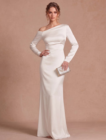 Sheath/Column Asymmetrical Long Sleeves Satin Floor-Length Evening Dresses