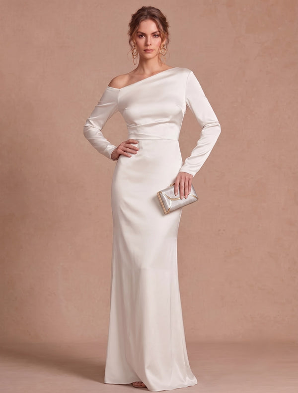 Sheath/Column Asymmetrical Long Sleeves Satin Floor-Length Evening Dresses