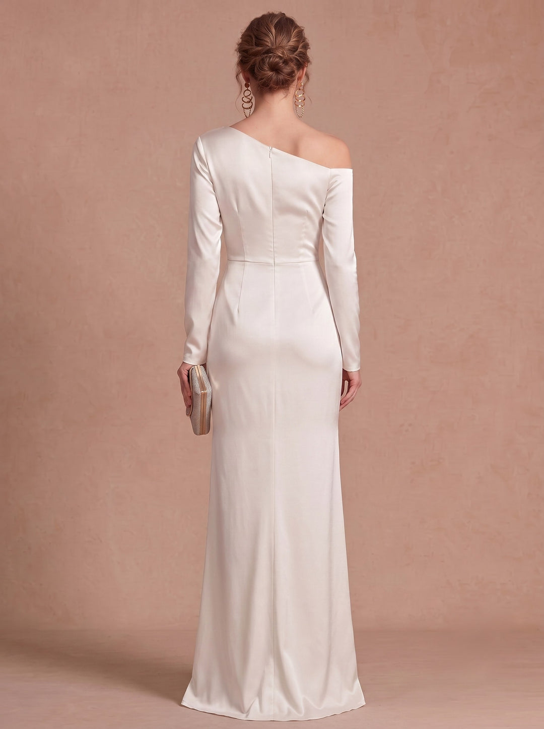 Sheath/Column Asymmetrical Long Sleeves Satin Floor-Length Evening Dresses