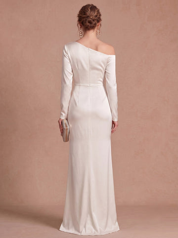 Sheath/Column Asymmetrical Long Sleeves Satin Floor-Length Evening Dresses