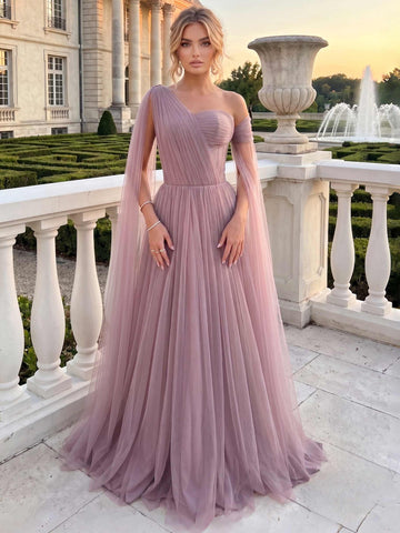 A-Line/Princess One-Shoulder Sleeveless Tulle Floor-Length Evening Dresses