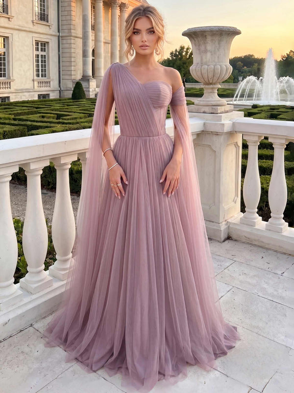 A-Line/Princess One-Shoulder Sleeveless Tulle Floor-Length Evening Dresses