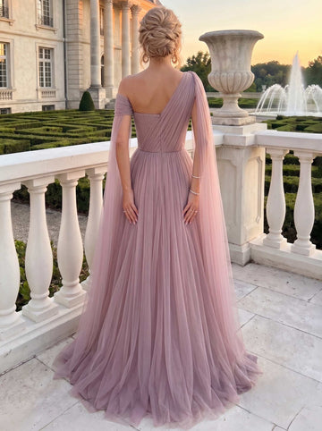 A-Line/Princess One-Shoulder Sleeveless Tulle Floor-Length Evening Dresses