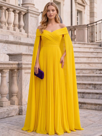 A-Line/Princess Off-The-Shoulder Cape Sleeves Pleated Chiffon Floor-Length Evening Dresses