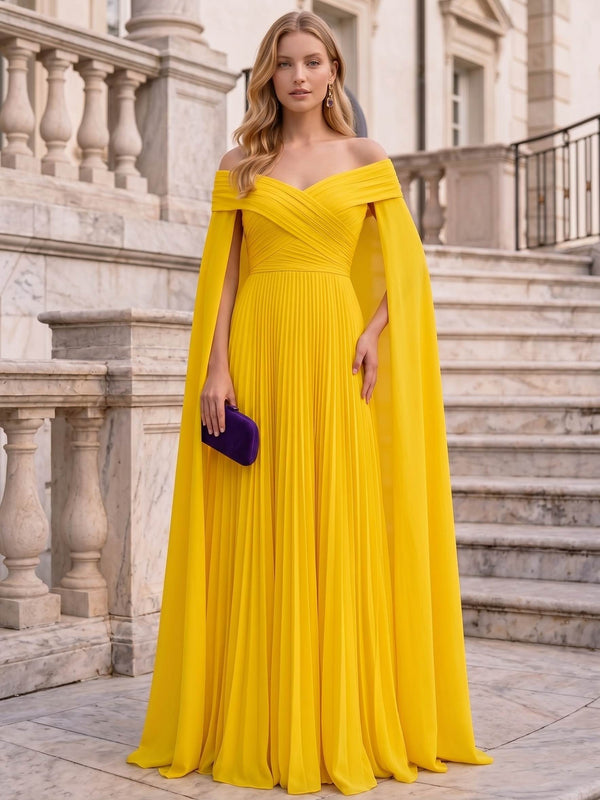 A-Line/Princess Off-The-Shoulder Cape Sleeves Pleated Chiffon Floor-Length Evening Dresses
