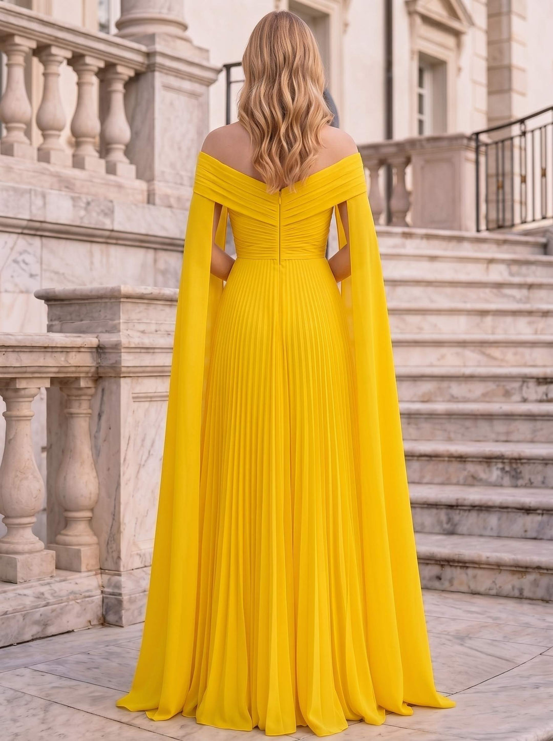 A-Line/Princess Off-The-Shoulder Cape Sleeves Pleated Chiffon Floor-Length Evening Dresses