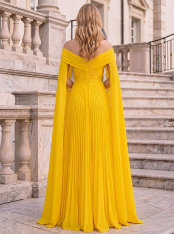 A-Line/Princess Off-The-Shoulder Cape Sleeves Pleated Chiffon Floor-Length Evening Dresses