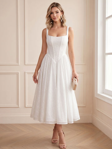 A-Line/Princess Square Collar Sleeveless Sparkle Mesh Tea-Length  Cocktail Dresses