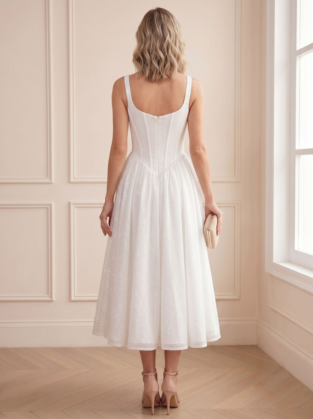 A-Line/Princess Square Collar Sleeveless Sparkle Mesh Tea-Length  Cocktail Dresses