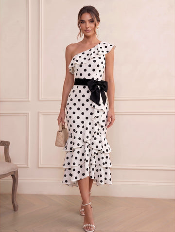 Sheath/Column One-Shoulder Sleeveless Polka Dot Tea-Length Cocktail Dresses with Bowknot
