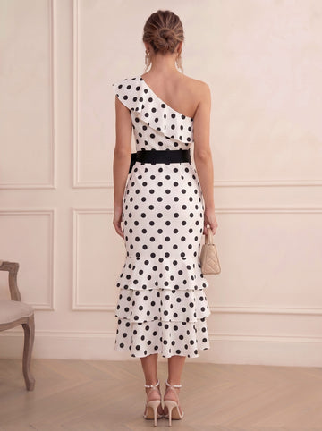 Sheath/Column One-Shoulder Sleeveless Polka Dot Tea-Length Cocktail Dresses with Bowknot