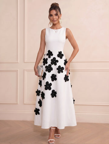 A-Line/Princess Scoop Sleeveless Stretch Satin Ankle-Length Cocktail Dresses with 3D Flower