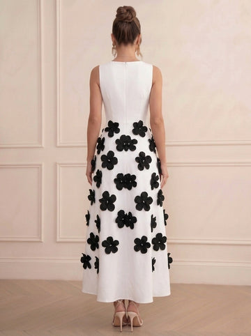 A-Line/Princess Scoop Sleeveless Stretch Satin Ankle-Length Cocktail Dresses with 3D Flower