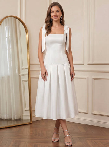 A-Line/Princess Square Collar Sleeveless Stretch Satin Tea-Length Cocktail Dresses with Bowknot