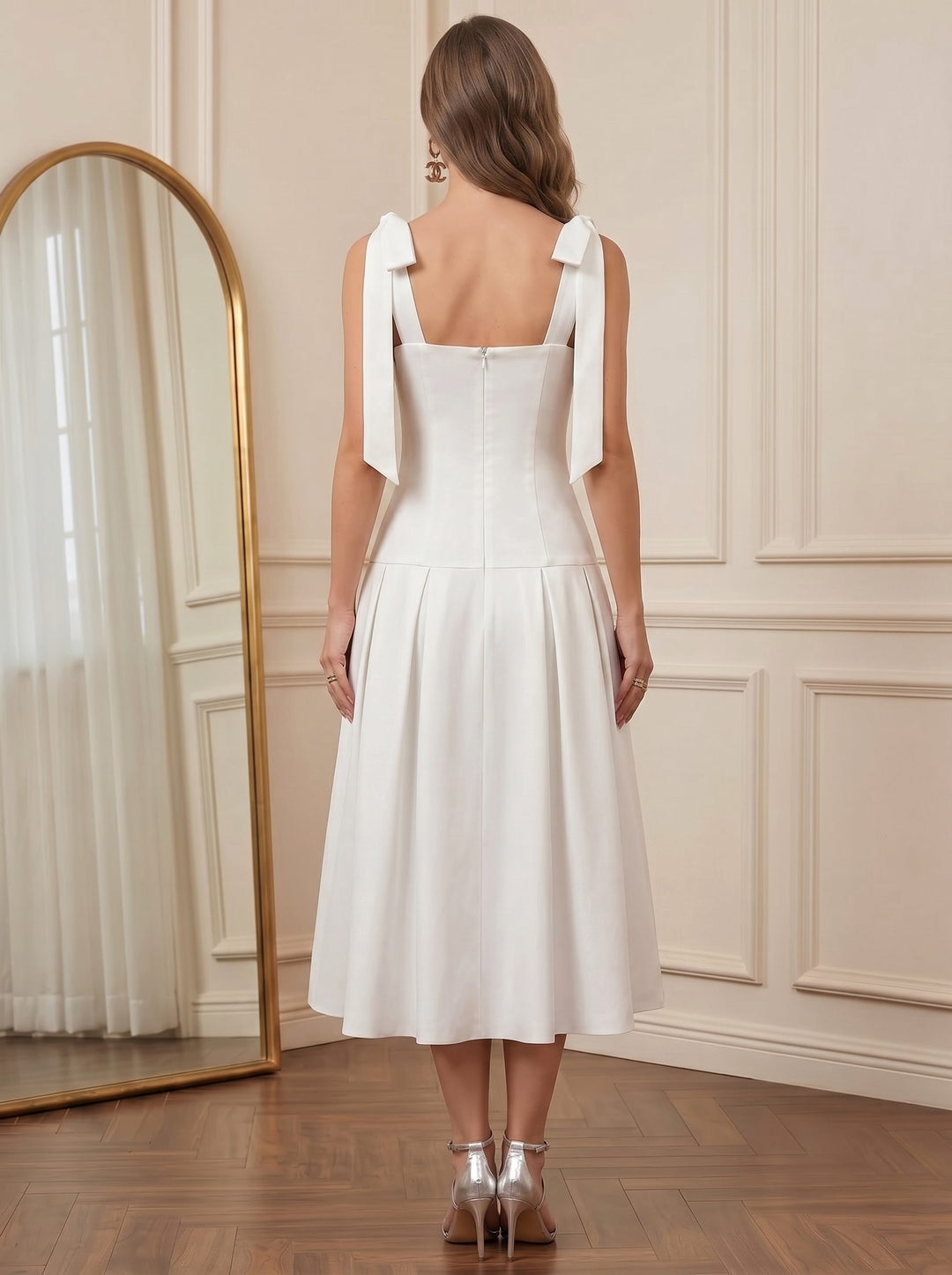 A-Line/Princess Square Collar Sleeveless Stretch Satin Tea-Length Cocktail Dresses with Bowknot