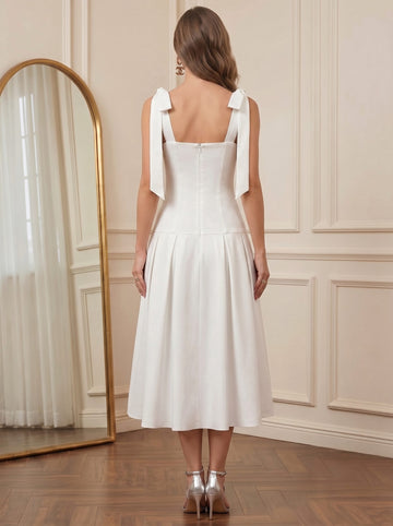 A-Line/Princess Square Collar Sleeveless Stretch Satin Tea-Length Cocktail Dresses with Bowknot