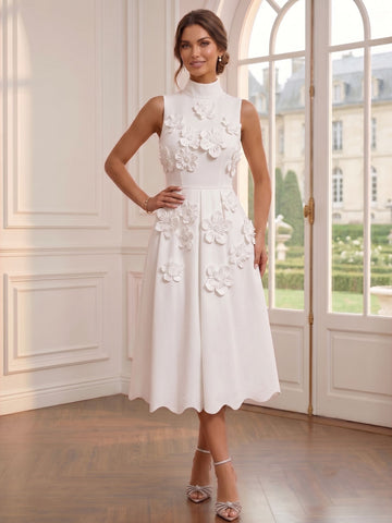 A-Line/Princess Mock Neck Sleeveless Stretch Satin Tea-Length Cocktail Dresses with 3D Flowers