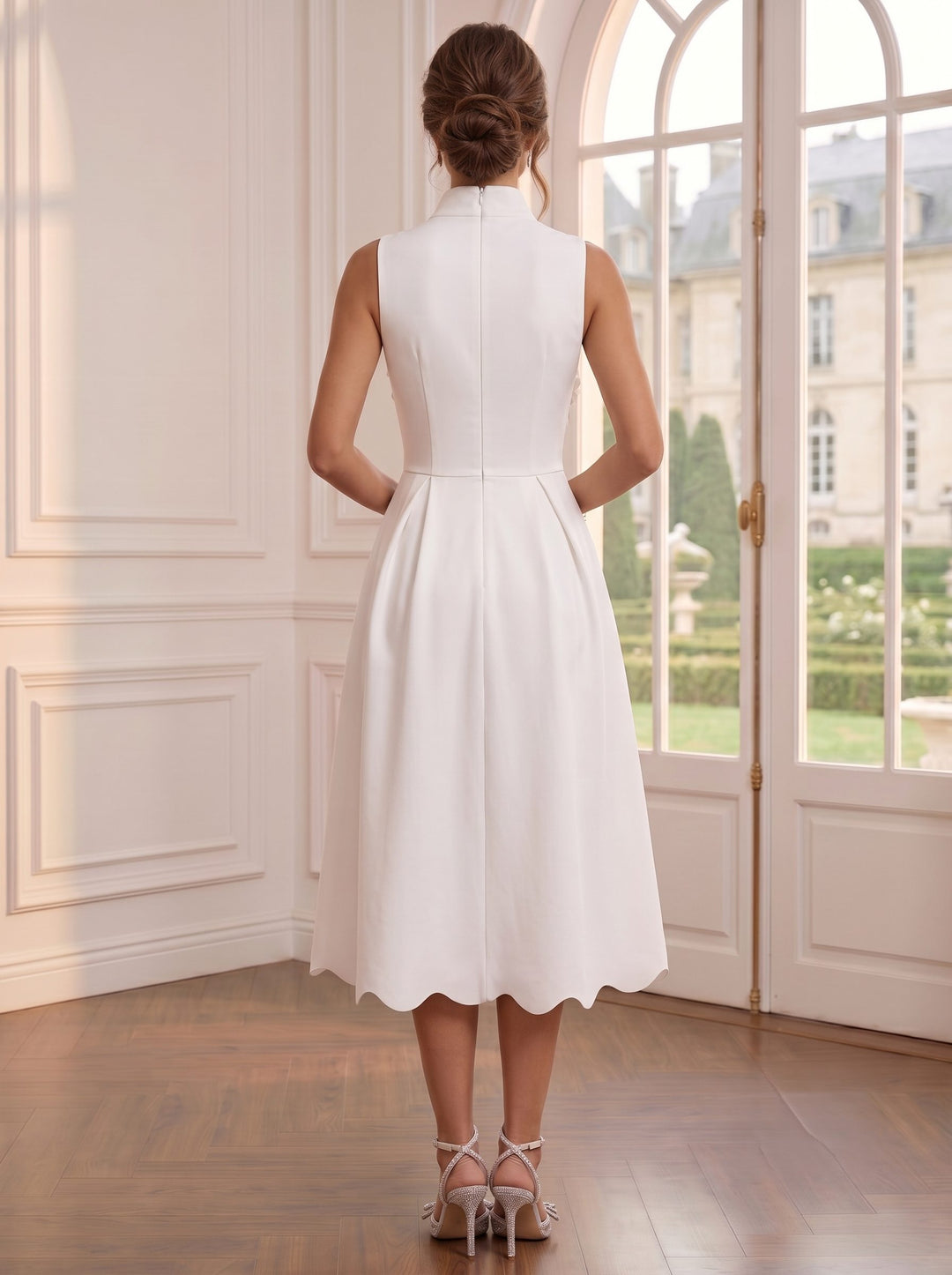 A-Line/Princess Mock Neck Sleeveless Stretch Satin Tea-Length Cocktail Dresses with 3D Flowers