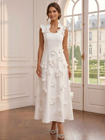 A-Line/Princess V-Neck Sleeveless Ruffles Stretch Satin Tea-Length Cocktail Dresses with 3D Flowers