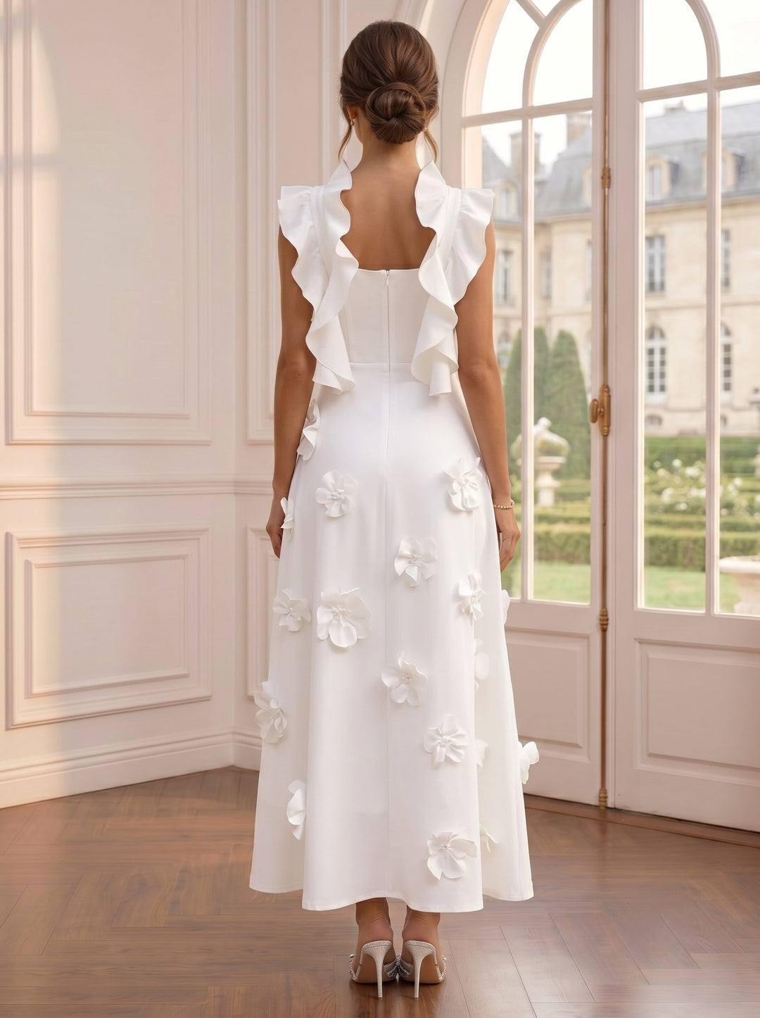 A-Line/Princess V-Neck Sleeveless Ruffles Stretch Satin Tea-Length Cocktail Dresses with 3D Flowers