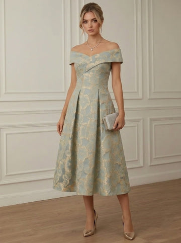 A-Line/Princess Off-the-Shoulder Sleeveless Jacquard Tea-Length Cocktail Dresses