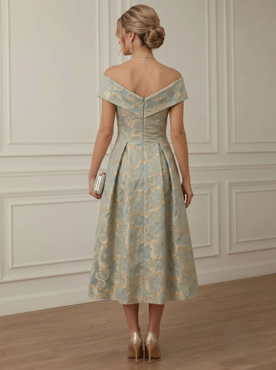 A-Line/Princess Off-the-Shoulder Sleeveless Jacquard Tea-Length Cocktail Dresses