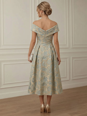A-Line/Princess Off-the-Shoulder Sleeveless Jacquard Tea-Length Cocktail Dresses