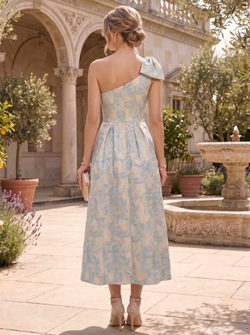 A-Line/Princess One-Shoulder Sleeveless Jacquard Tea-Length Cocktail Dresses