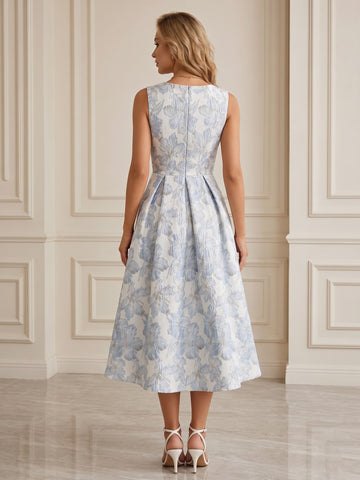 A-Line/Princess Scoop Sleeveless Jacquard Tea-Length Cocktail Dresses