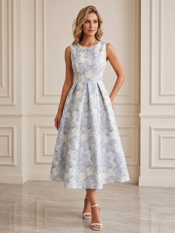 A-Line/Princess Scoop Sleeveless Flower Jacquard Ankle-Length Cocktail Dresses