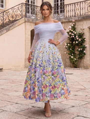 A-Line/Princess Off-the-Shoulder Long Sleeves Floral Lace Tulle Ankle-Length Cocktail Dresses