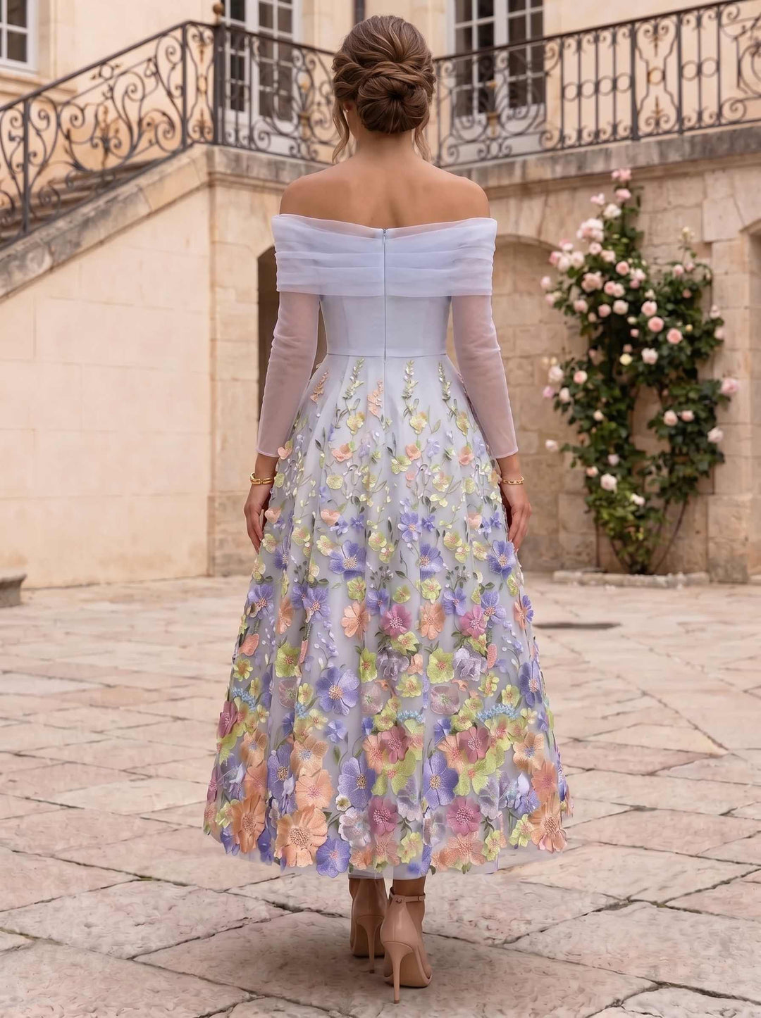 A-Line/Princess Off-the-Shoulder Long Sleeves Floral Lace Tulle Ankle-Length Cocktail Dresses