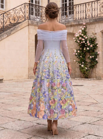 A-Line/Princess Off-the-Shoulder Long Sleeves Floral Lace Tulle Ankle-Length Cocktail Dresses
