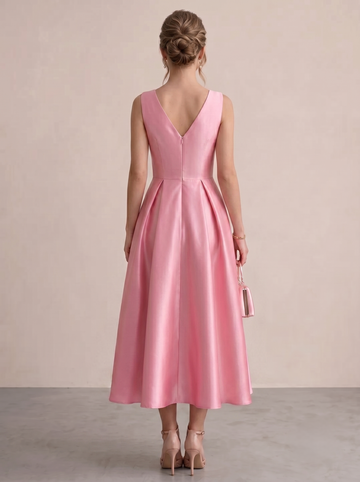 A-Line Cocktail Dress Satin Tea-Length V-Neck Sleeveless Formal Party Dress With Bowknot
