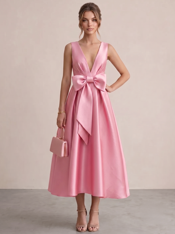 A-Line Cocktail Dress Satin Tea-Length V-Neck Sleeveless Formal Party Dress With Bowknot