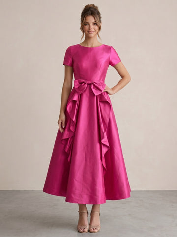 A-Line Cocktail Dress Satin Tea-Length Scoop Elegant Sleeveless Formal Party Fuchsia Dress With Bowknot