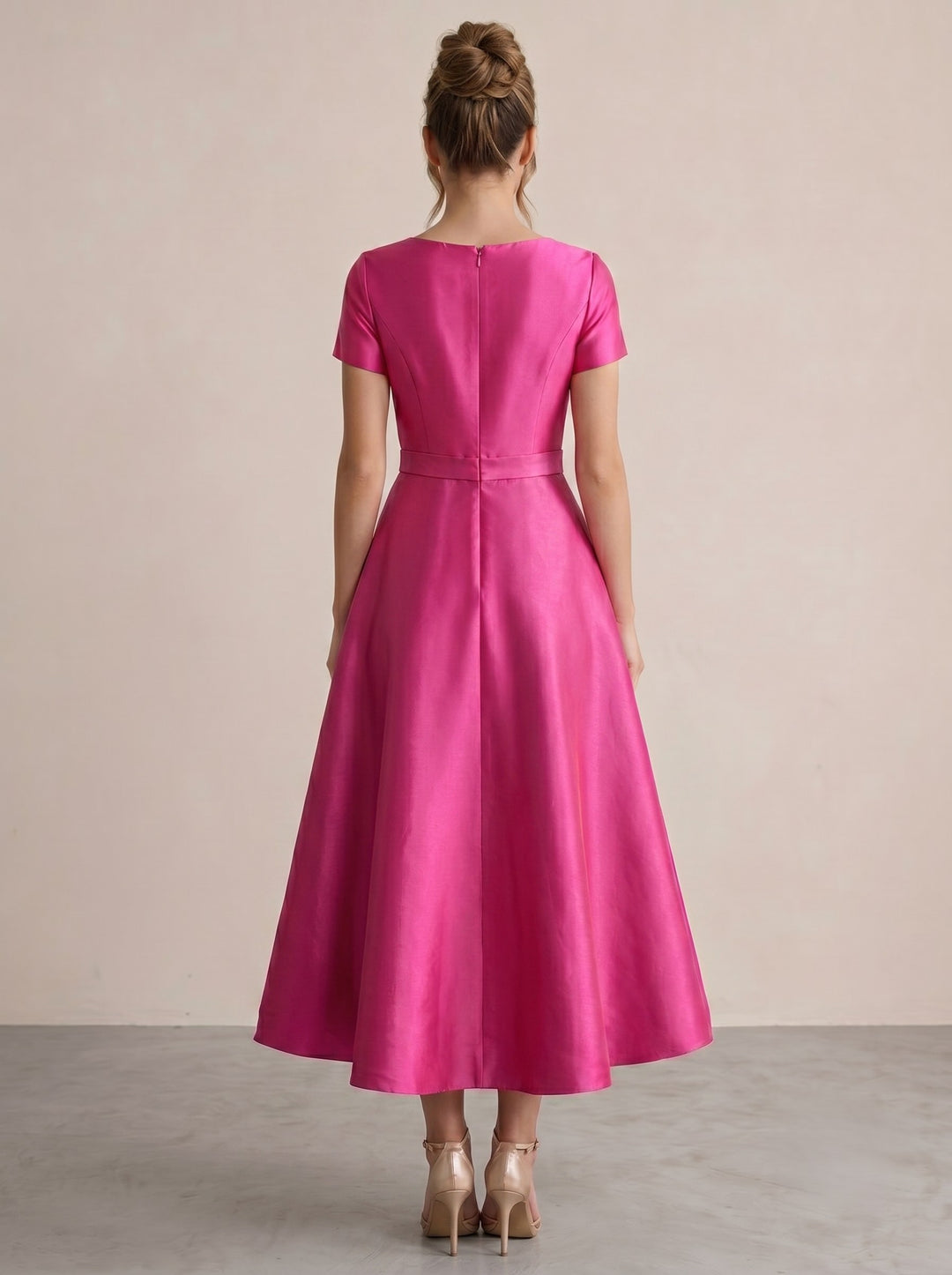 A-Line Cocktail Dress Satin Tea-Length Scoop Elegant Sleeveless Formal Party Fuchsia Dress With Bowknot
