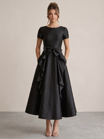 A-Line Cocktail Dress Satin Tea-Length Scoop Elegant Sleeveless Formal Party Fuchsia Dress With Bowknot